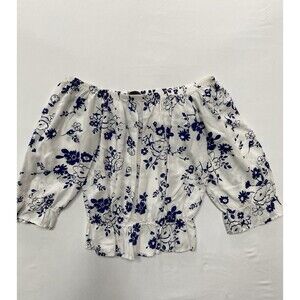 JW Style Off The Shoulder Floral Top Medium M White Blue Cottagecore Boho